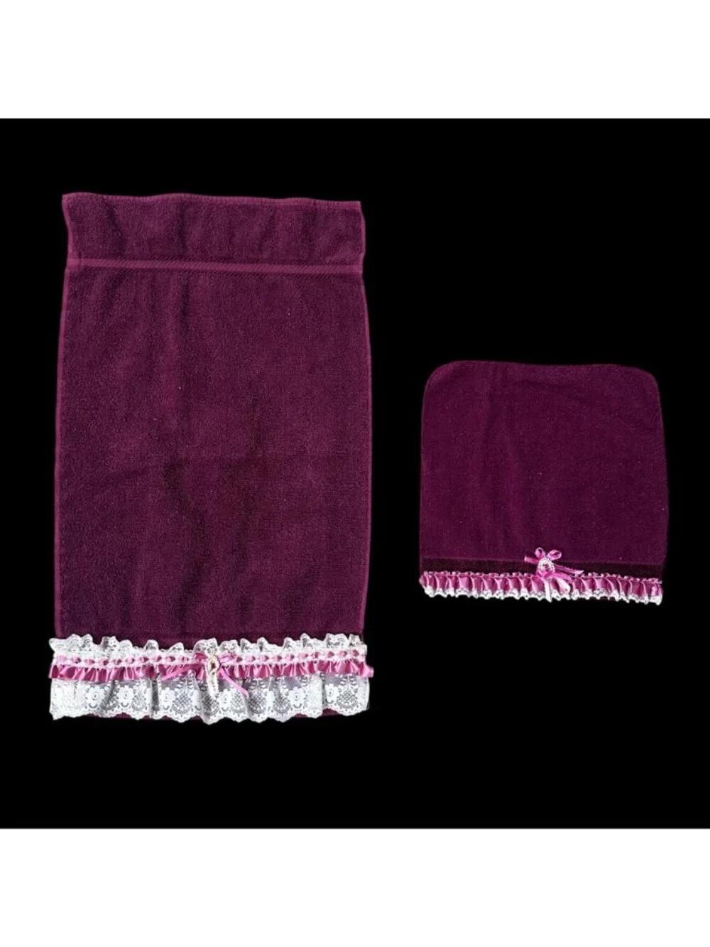 Vintage Maroon Hand Towel Washcloth Set Lace Pink Ribbon 90s Granny Cottagecore